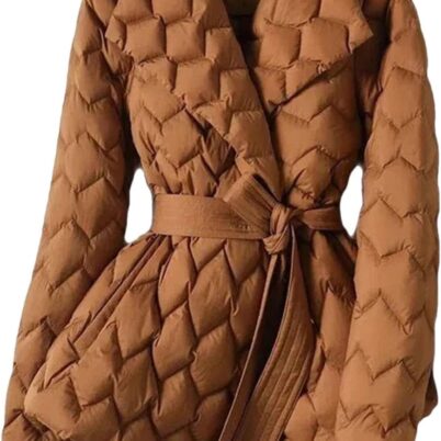 Women Elegant Tie Belt Long Cotton White Duck Down Parka Lightweight Down Jacket With Belt