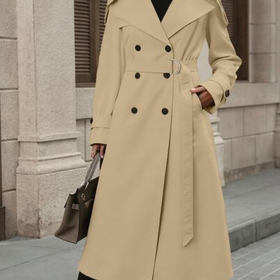 Women's Long Trench Coat Double Breasted Lapel Oversized Windproof Overcoat with Belt