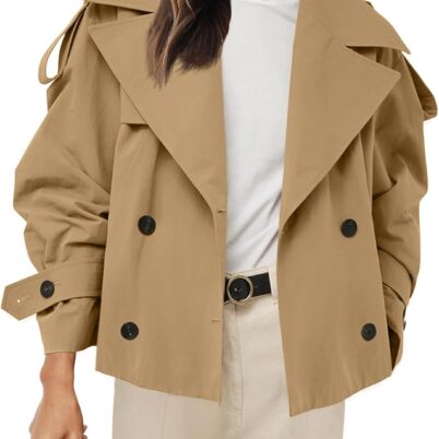 Womens Cropped Trench Coat Casual Double Breasted Short Jacket Fall Fashion Outerwear with Belt