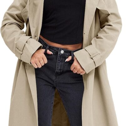 Women's Double Breasted Trench Coats Causal Windproof Long Lapel Pocketed Overcoat with Belt
