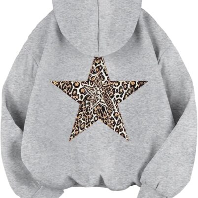 Women's Leopard Star Print Hooded Sweatshirt Casual Long Sleeve Pullover Tops