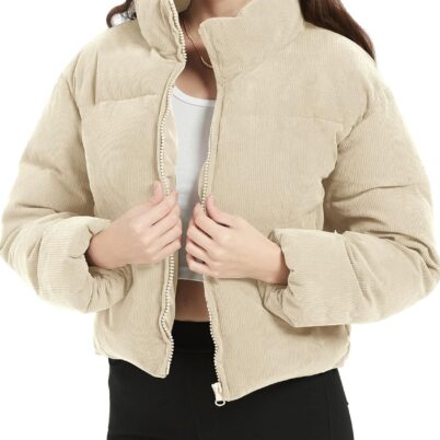 Women Corduroy Puffer Jacket Winter Quilted Coats Lightweight Ribbed Short Down Jackets Outerwear